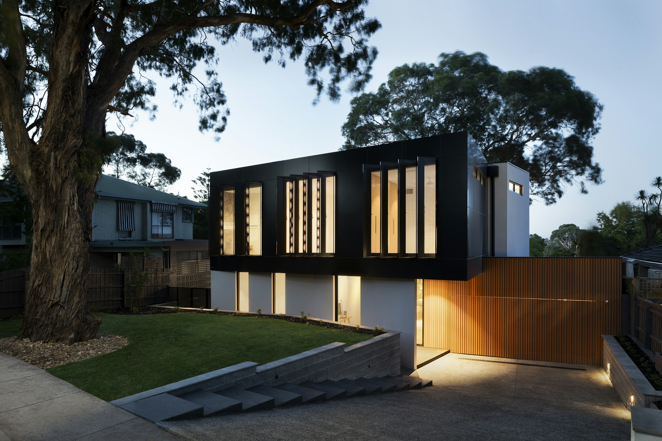 Contemporary space and landscaped surroundings